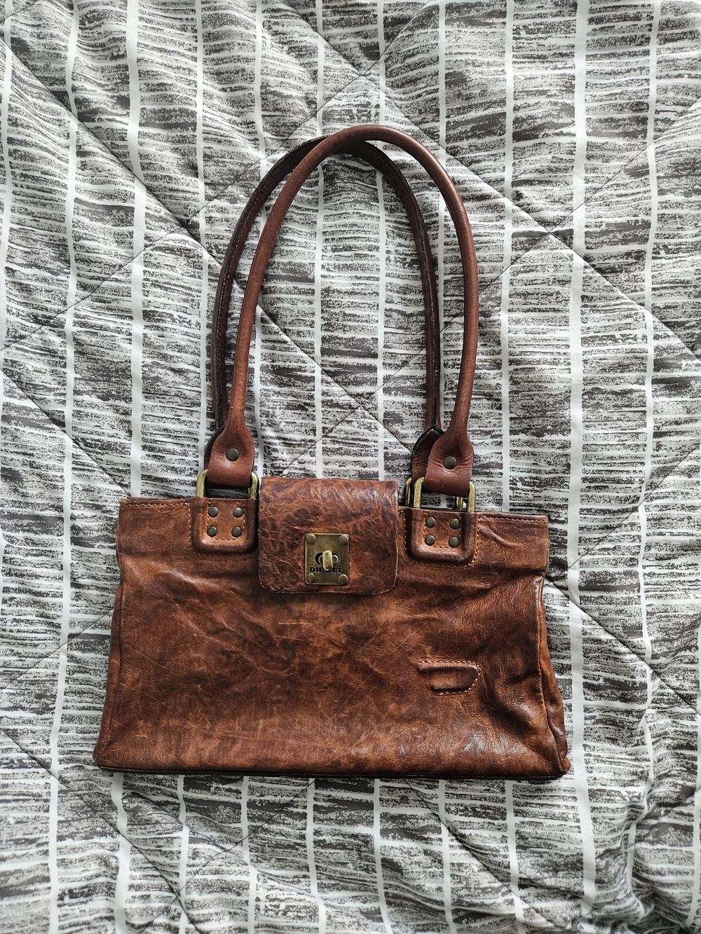 Diesel Brown Leather Shoulder Bag with Brass Turn-Lock